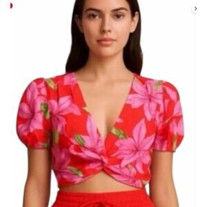 LULUMARI Tropical Floral Twist Front Crop Top Puff Sleeve Red Pink